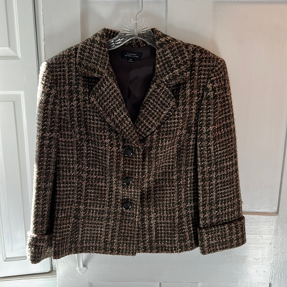 Tahari Brown & Green Tweed Jacket Size 14